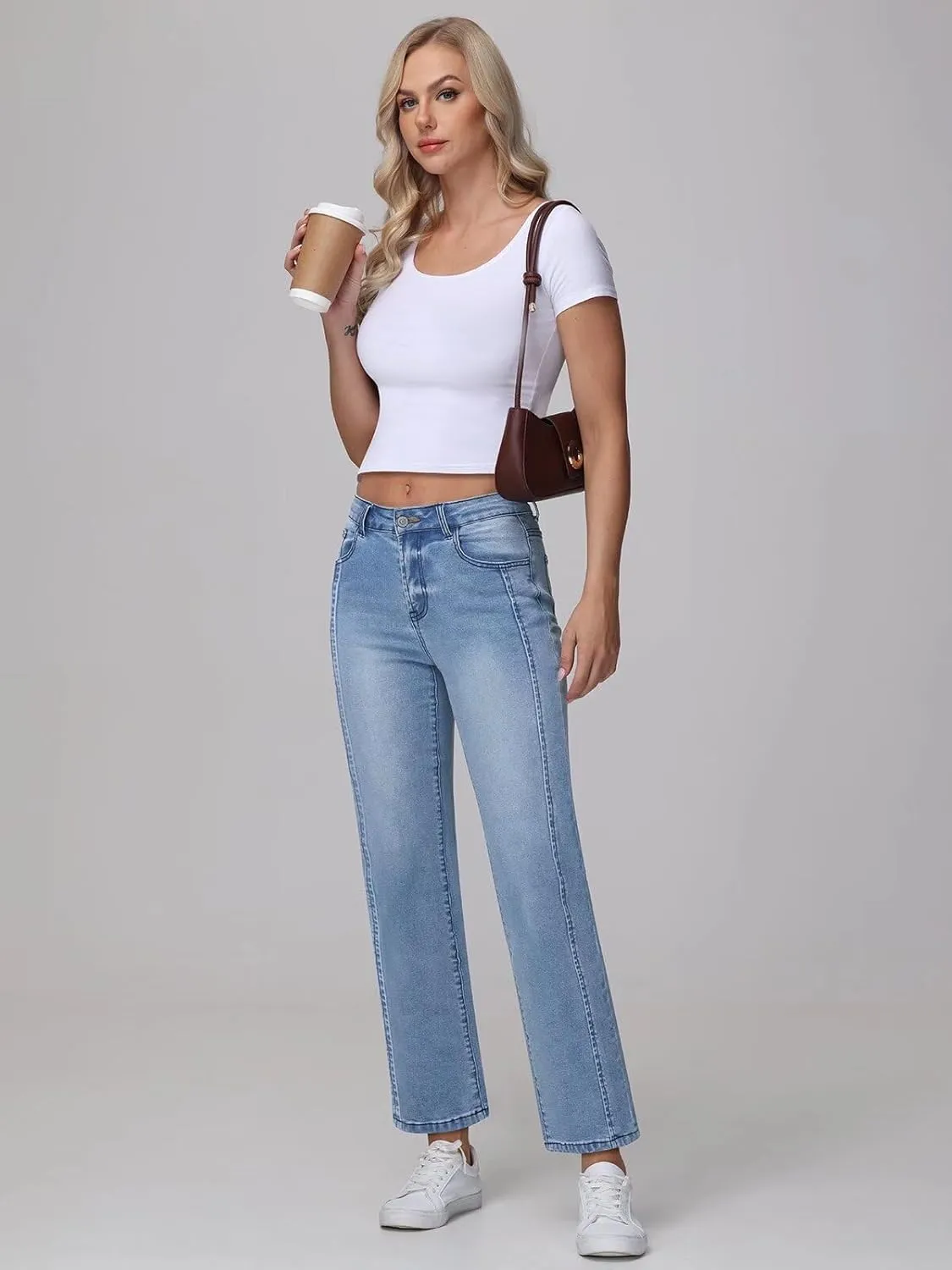 Womens Wide Leg Jeans High Waisted Stretchy Front Seams Ankle Length Straight Leg Jeans for Women