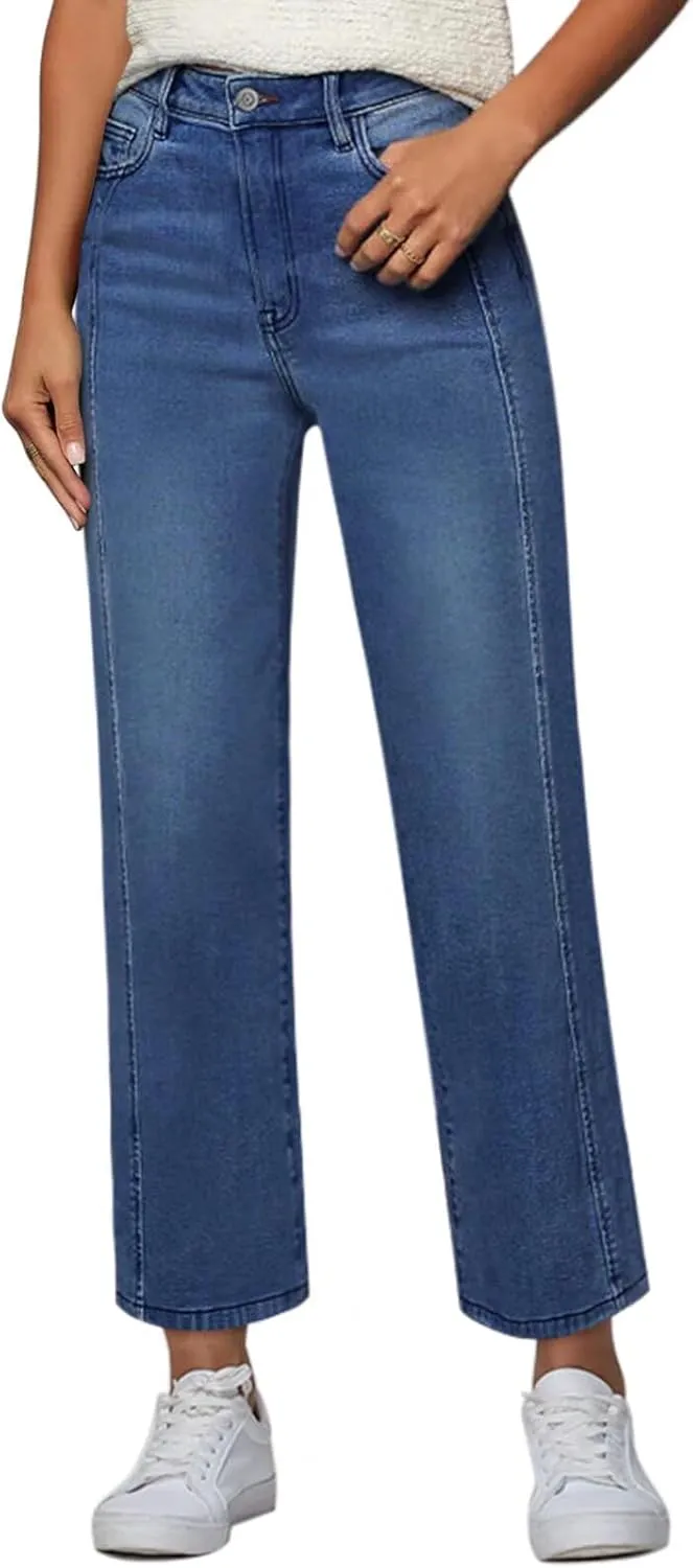 Womens Wide Leg Jeans High Waisted Stretchy Front Seams Ankle Length Straight Leg Jeans for Women