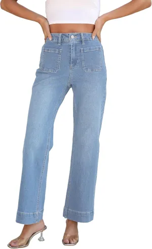 Women's Wide Leg Jeans Trendy High Rise Straight Leg Jeans for Women Stretchy Pockets Bootcut Denim Pants