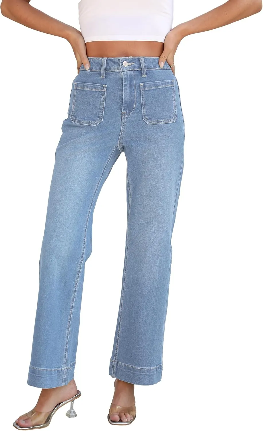 Women's Wide Leg Jeans Trendy High Rise Straight Leg Jeans for Women Stretchy Pockets Bootcut Denim Pants