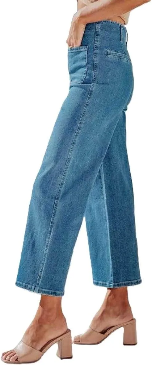 Womens Wide Leg Jeans Woman High Waisted Stretchy Baggy Cropped Denim Pants