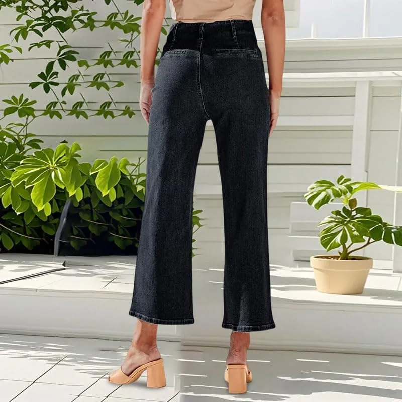 Womens Wide Leg Jeans Woman High Waisted Stretchy Baggy Cropped Denim Pants