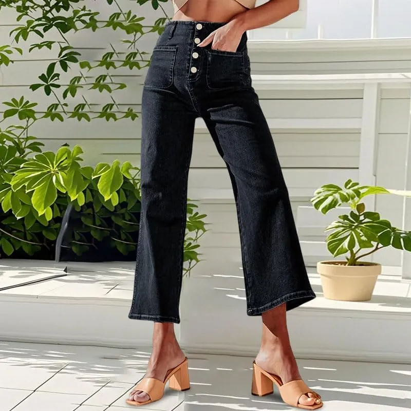 Womens Wide Leg Jeans Woman High Waisted Stretchy Baggy Cropped Denim Pants