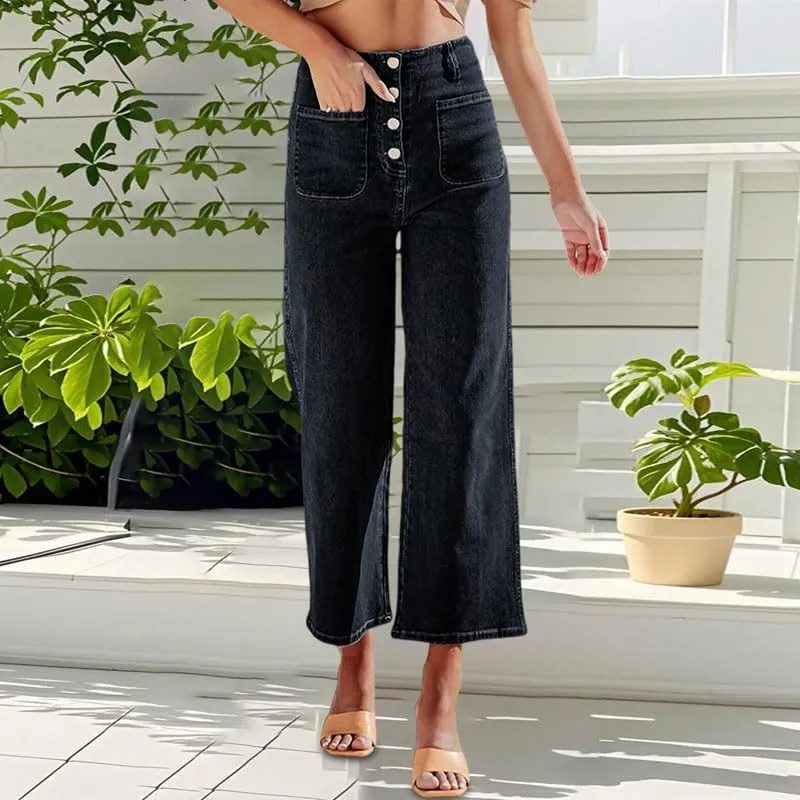 Womens Wide Leg Jeans Woman High Waisted Stretchy Baggy Cropped Denim Pants
