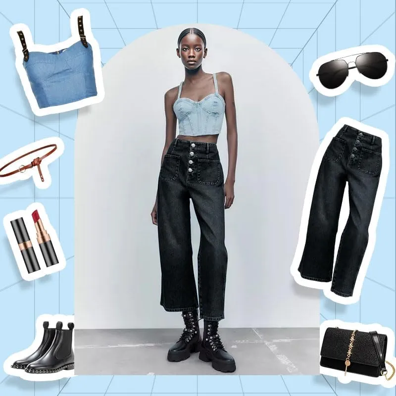 Womens Wide Leg Jeans Woman High Waisted Stretchy Baggy Cropped Denim Pants