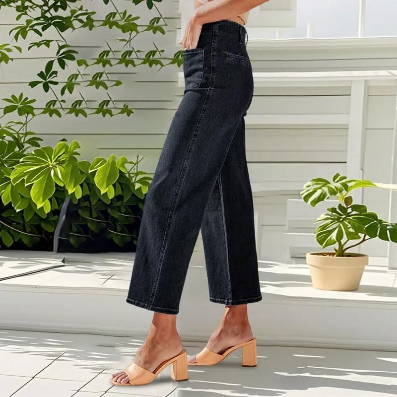 Womens Wide Leg Jeans Woman High Waisted Stretchy Baggy Cropped Denim Pants