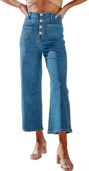 Womens Wide Leg Jeans Woman High Waisted Stretchy Baggy Cropped Denim Pants