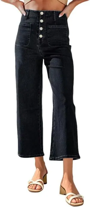 Womens Wide Leg Jeans Woman High Waisted Stretchy Baggy Cropped Denim Pants