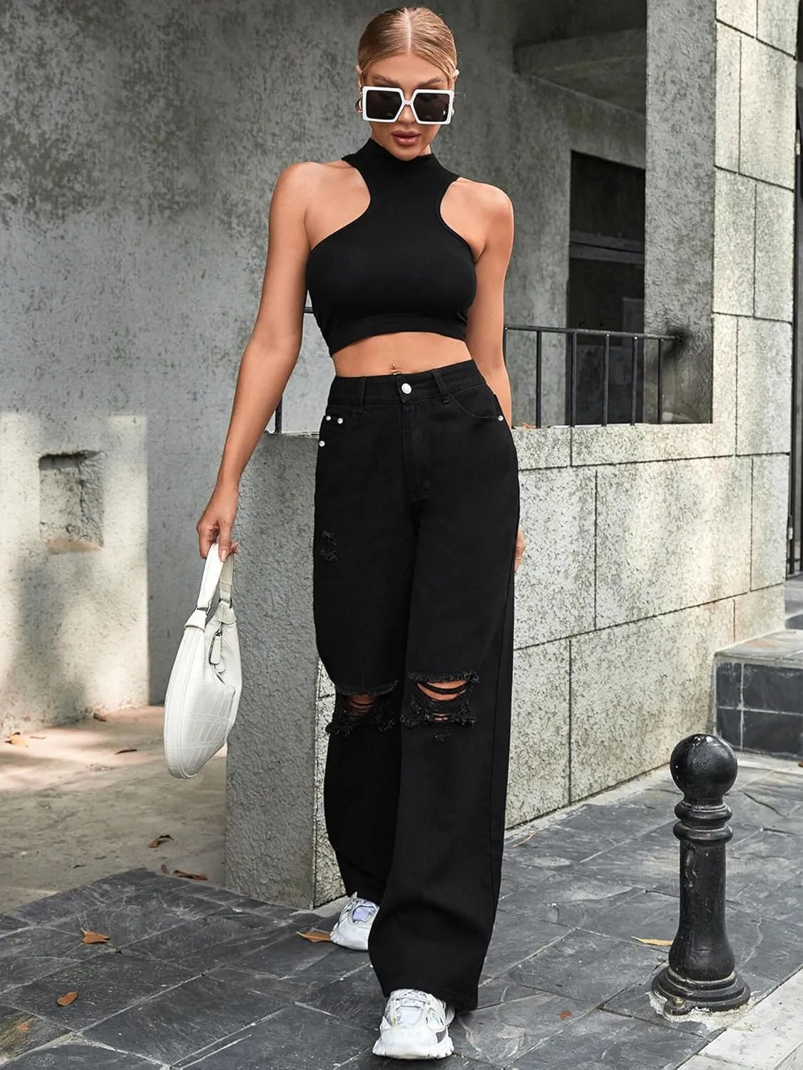 Women's Wide Leg Ripped Baggy Jeans Distressed Stretchy High Waist Loose Fit Boyfriend Denim Pants Y2K