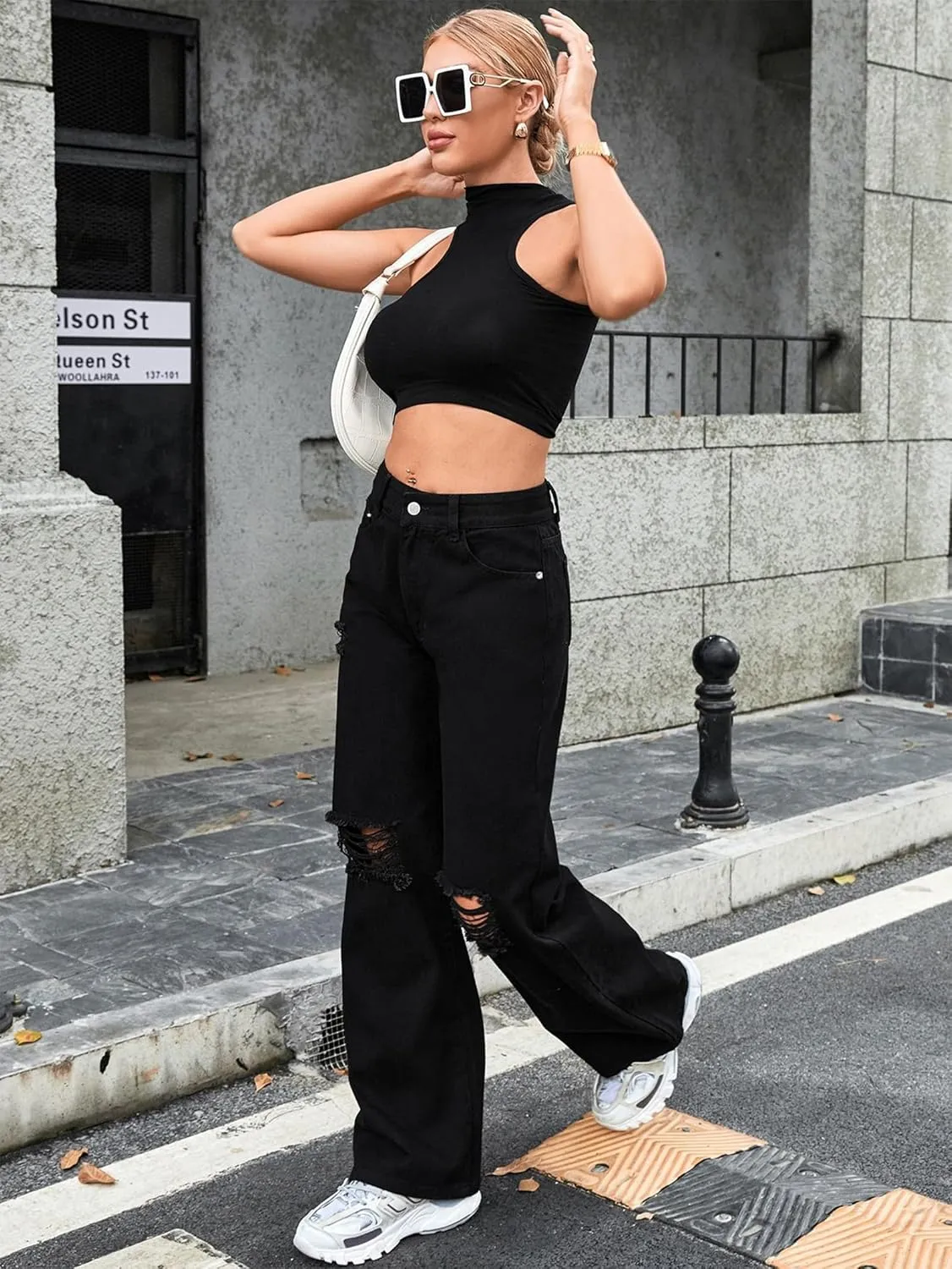 Women's Wide Leg Ripped Baggy Jeans Distressed Stretchy High Waist Loose Fit Boyfriend Denim Pants Y2K