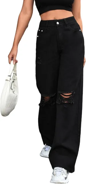 Women's Wide Leg Ripped Baggy Jeans Distressed Stretchy High Waist Loose Fit Boyfriend Denim Pants Y2K