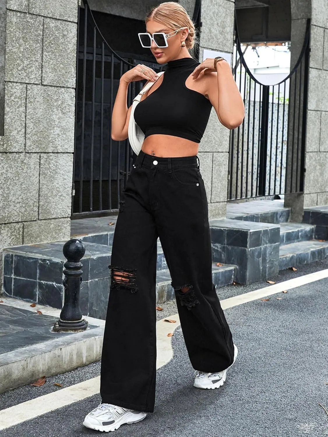 Women's Wide Leg Ripped Baggy Jeans Distressed Stretchy High Waist Loose Fit Boyfriend Denim Pants Y2K