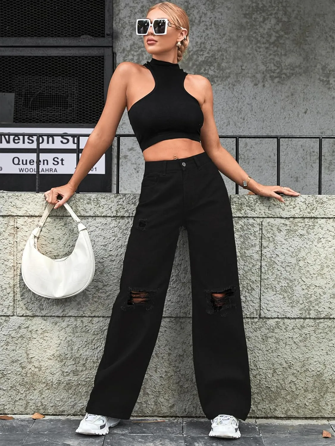 Women's Wide Leg Ripped Baggy Jeans Distressed Stretchy High Waist Loose Fit Boyfriend Denim Pants Y2K