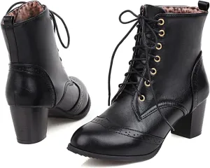 Women's Wingtip Lace Up Booties Chunky Heel Ankle Boots Mid Calf Boots Combat Boots Slip On Leather Boots Fall Winter Boots Faux Fur Lining Vintage Victorian Boots for Wedding Bridal