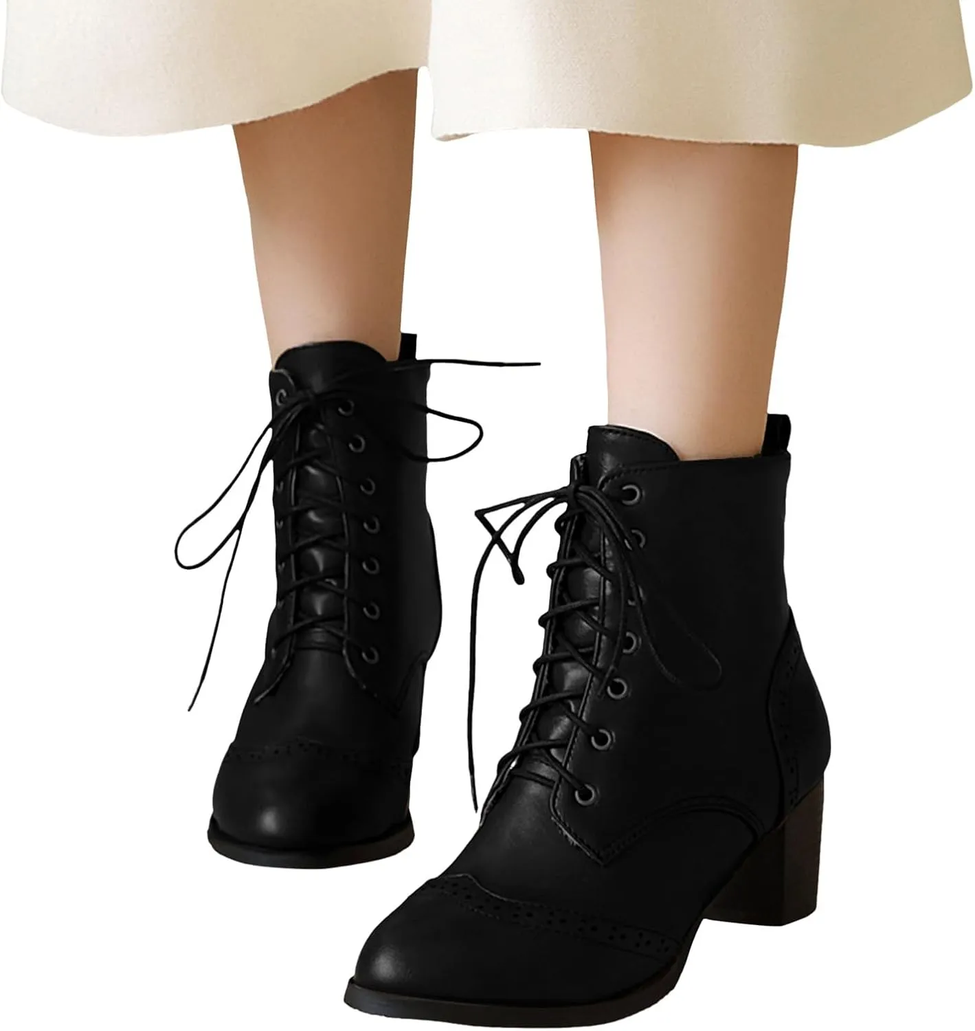 Women's Wingtip Lace Up Booties Chunky Heel Ankle Boots Mid Calf Boots Combat Boots Slip On Leather Boots Fall Winter Boots Faux Fur Lining Vintage Victorian Boots for Wedding Bridal