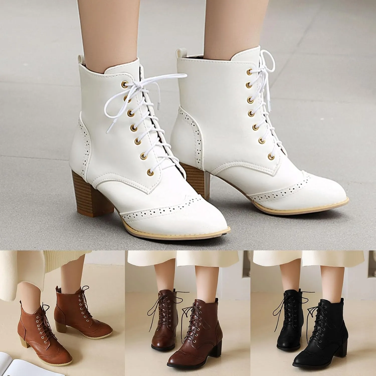 Women's Wingtip Lace Up Booties Chunky Heel Ankle Boots Mid Calf Boots Combat Boots Slip On Leather Boots Fall Winter Boots Faux Fur Lining Vintage Victorian Boots for Wedding Bridal