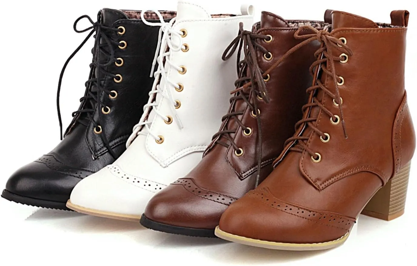Women's Wingtip Lace Up Booties Chunky Heel Ankle Boots Mid Calf Boots Combat Boots Slip On Leather Boots Fall Winter Boots Faux Fur Lining Vintage Victorian Boots for Wedding Bridal