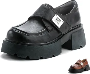 Women's Wrinkled Genuine Leather Chunky Platform Loafers with Hook and Loop Fashion Comfortable Round-Toe Lug Sole Heightening Oxford Shoes Vintage Casual Office Business Dress Shoes