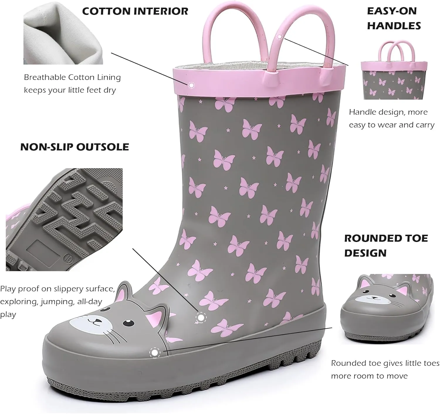 WTW Toddler and Kids Rain Boots Unisex-Child Waterproof Rubber Rain Boots with Easy-On Handles in Fun Patterns for Girls and Boys (Toddler/Little Kid/Big Kid)