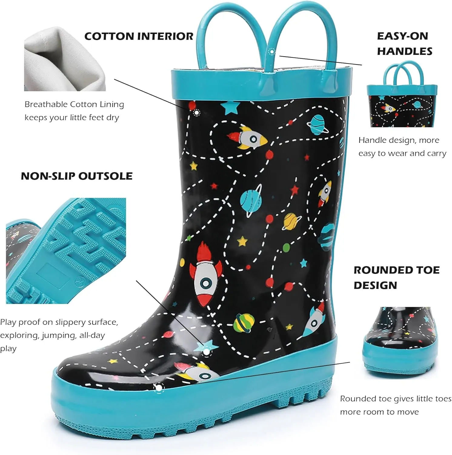 WTW Toddler and Kids Rain Boots Unisex-Child Waterproof Rubber Rain Boots with Easy-On Handles in Fun Patterns for Girls and Boys (Toddler/Little Kid/Big Kid)
