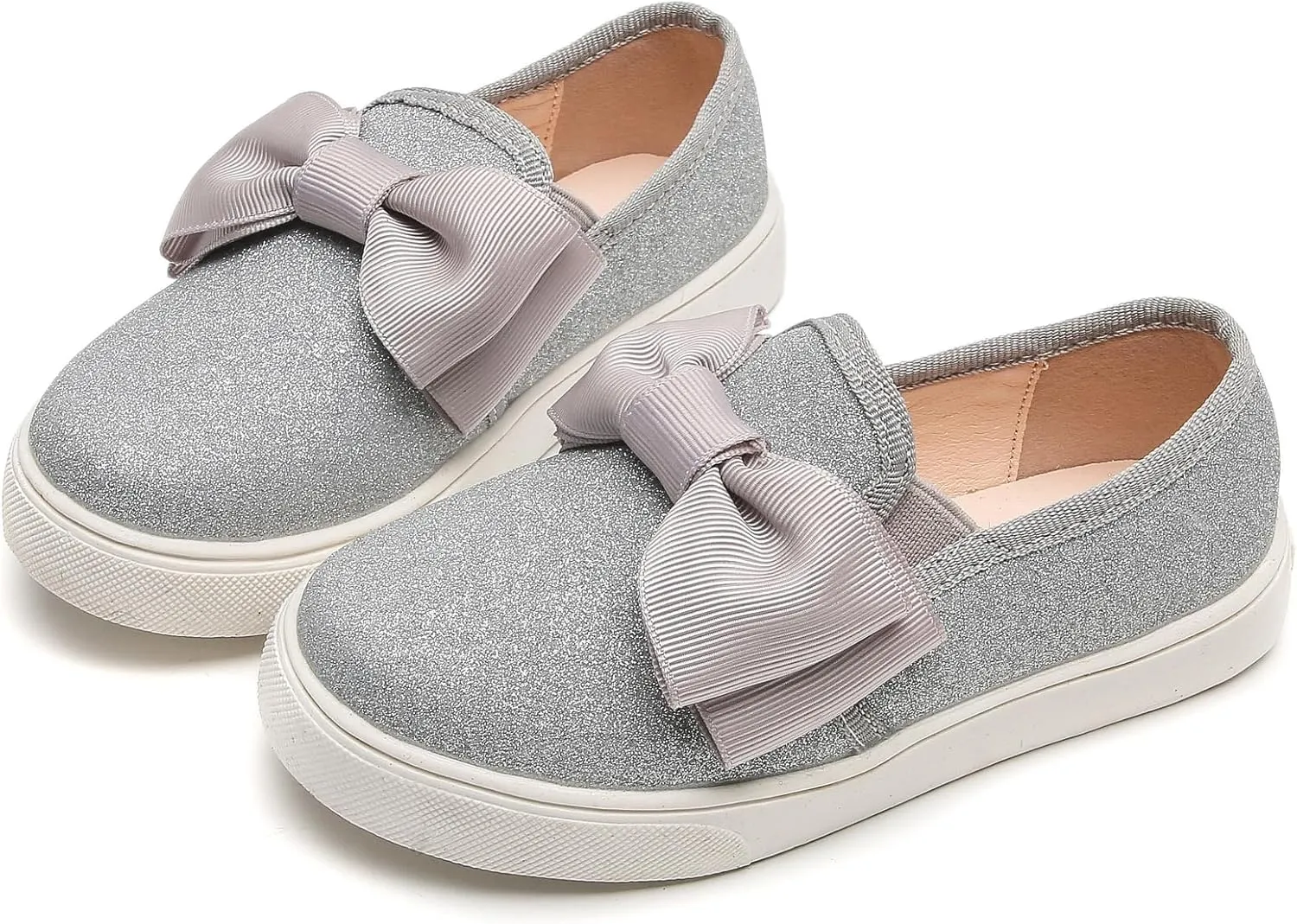 WUIWUIYU Girls Toddlers School Uniform Shoes Loafers Sneakers Slip on Bow Sparkly Walking Casual Glitter Shoe Flats