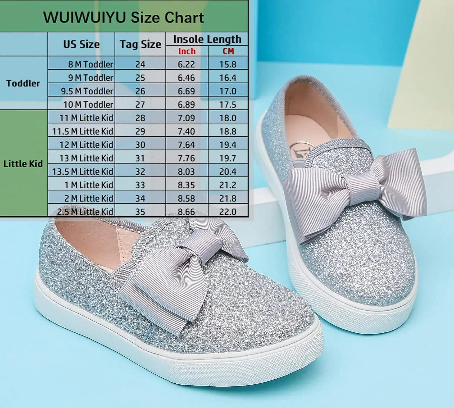 WUIWUIYU Girls Toddlers School Uniform Shoes Loafers Sneakers Slip on Bow Sparkly Walking Casual Glitter Shoe Flats
