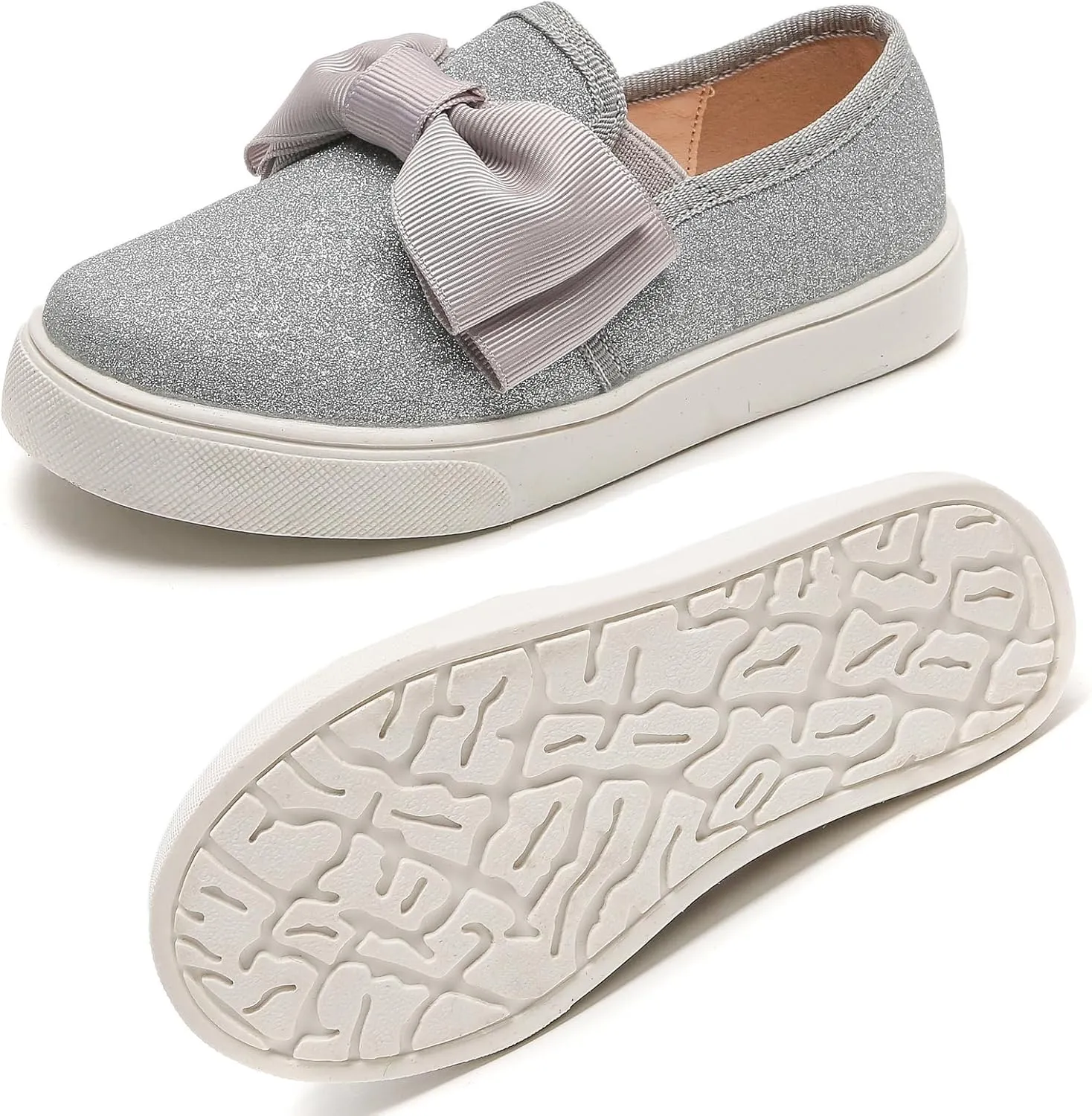 WUIWUIYU Girls Toddlers School Uniform Shoes Loafers Sneakers Slip on Bow Sparkly Walking Casual Glitter Shoe Flats
