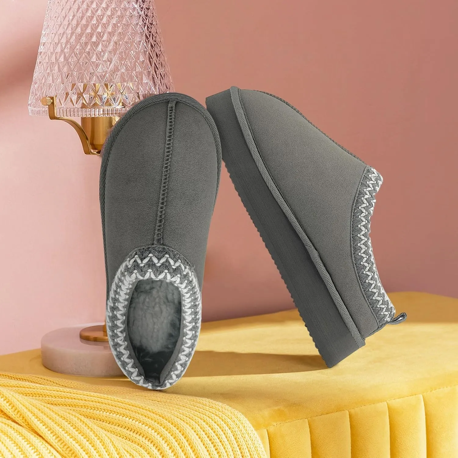 Xinran & Shengli Women's Platform Mules - Winter Memory Foam Slippers for Indoor & Outdoor, Cozy Suede Fur Fleece Lined