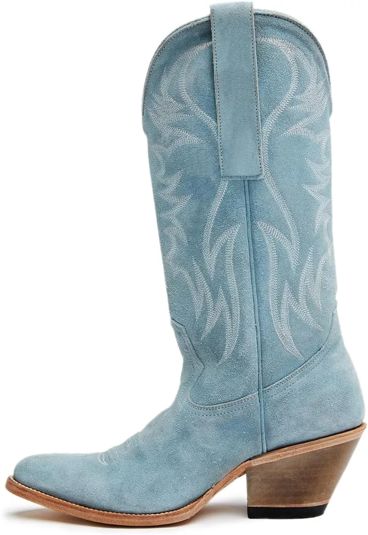 YDN Women's Cowboy Boots Comfortable Pull On Western Booties Pointed Toe Chunky Block Heels Cowgirl Mid Calf Boots Girls Ladies Retro Shoes Size 4-16 US