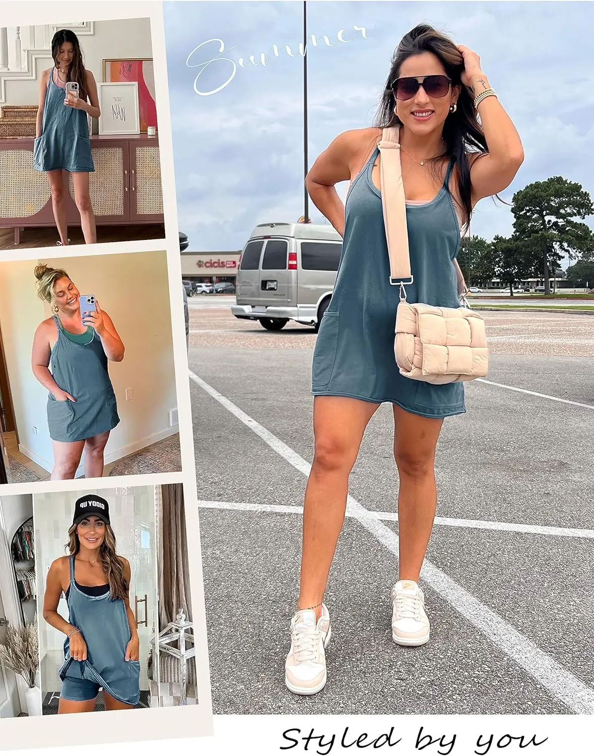 Yidarer Women's Summer Sleeveless Mini Dress V Neck Spaghetti Straps Athletic Shorts Dress with Pockets