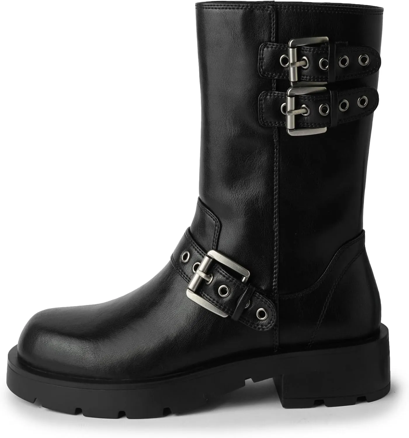 YIYA Women's Motorcycle Mid Calf Biker Boots Round Toe Chunky Low Heel Fashion Buckle Short Riding Combat Fall Boots