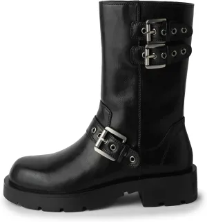 YIYA Women's Motorcycle Mid Calf Biker Boots Round Toe Chunky Low Heel Fashion Buckle Short Riding Combat Fall Boots