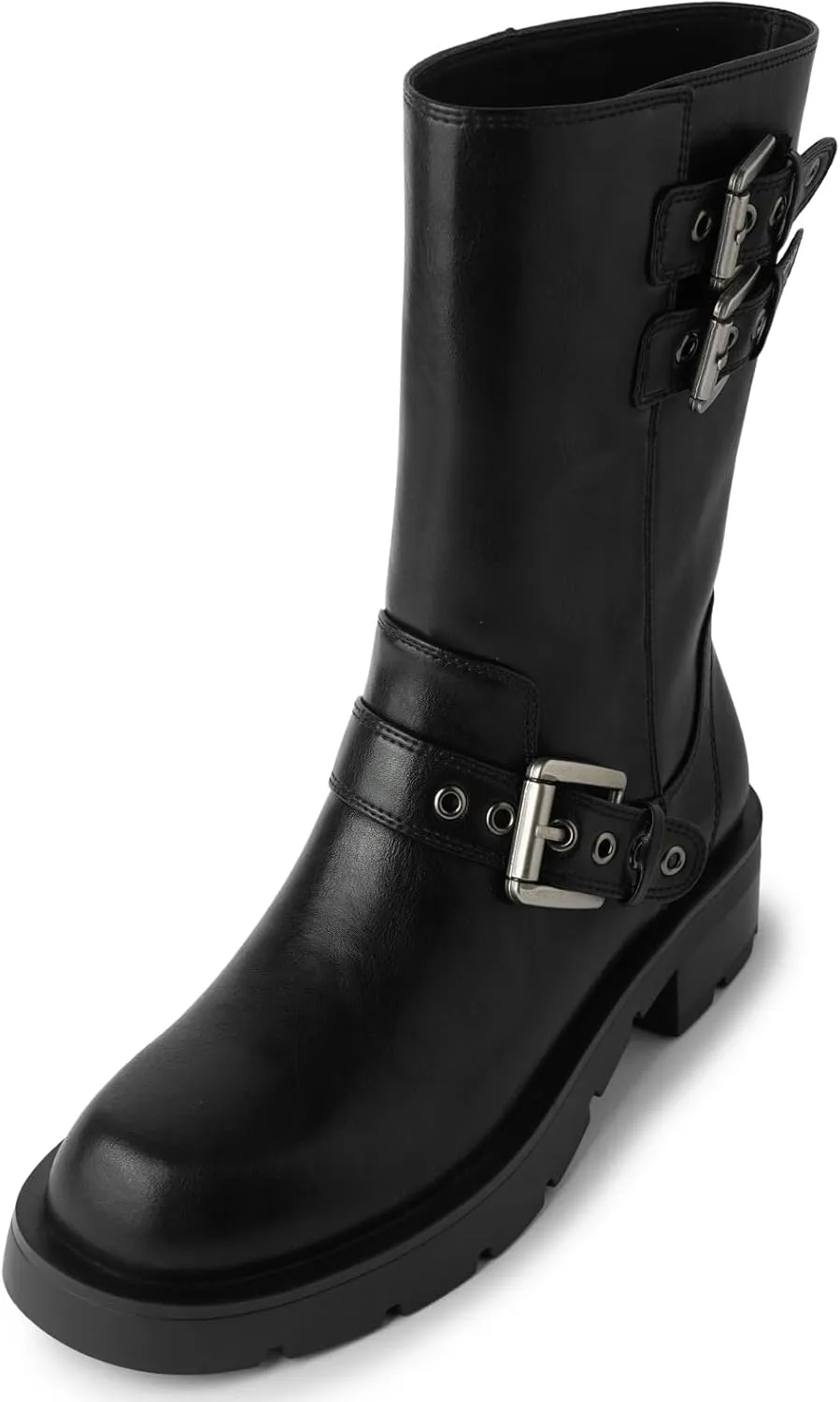 YIYA Women's Motorcycle Mid Calf Biker Boots Round Toe Chunky Low Heel Fashion Buckle Short Riding Combat Fall Boots
