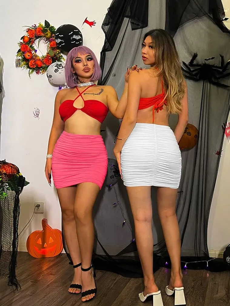 YMDUCH Women's Sexy High Waist Solid Tight Ruched Bodycon Mini Club Skirt
