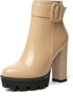 YODEKS Chunky Heel Boots For Women Platform High Heel Boots Dress Ankle Boots Round Toe Lug Sole Short Boots Side Zipper Winter Booties
