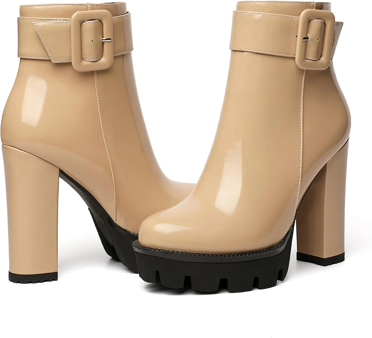 YODEKS Chunky Heel Boots For Women Platform High Heel Boots Dress Ankle Boots Round Toe Lug Sole Short Boots Side Zipper Winter Booties