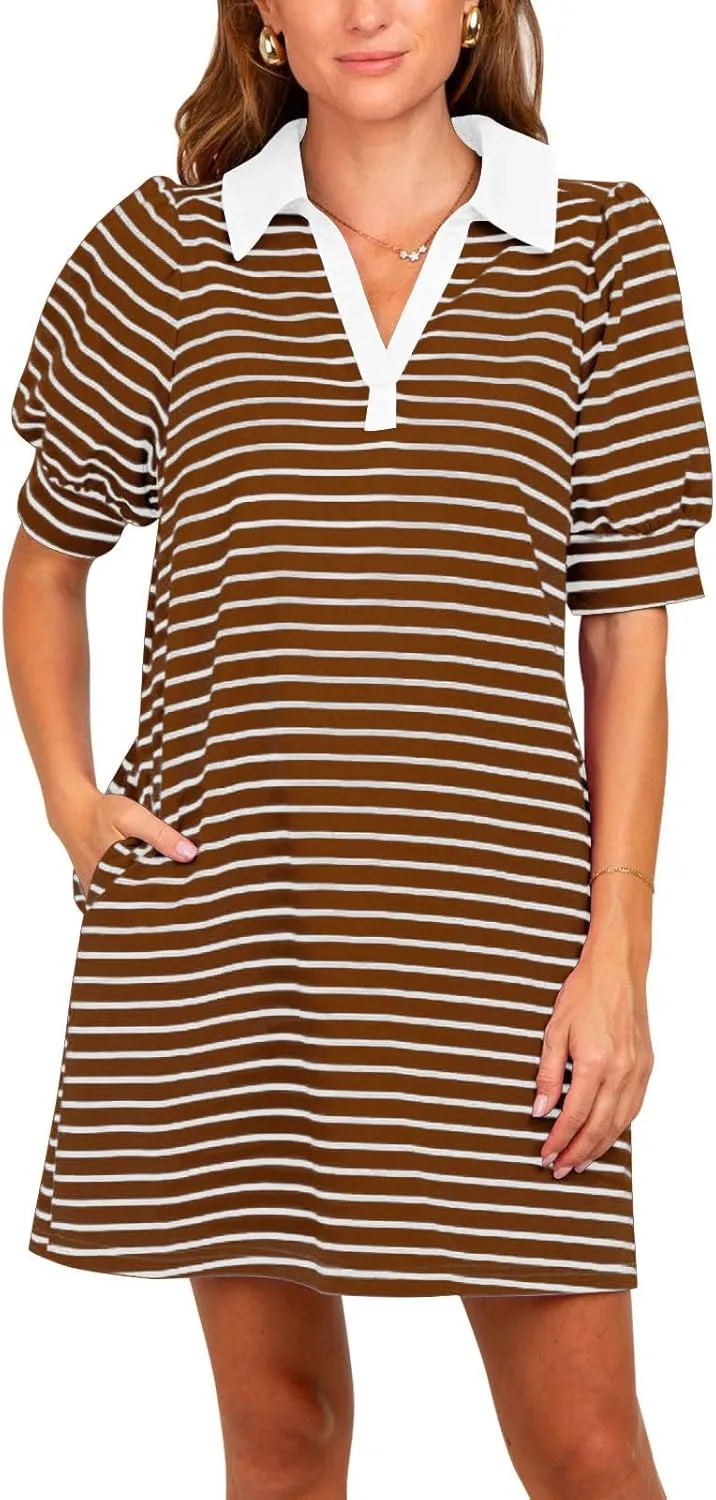 Yousify Women's Summer Lapel Collared V Neck Striped Dress Casual Puff Short Sleeve Polo Tshirt Dresses with Pockets