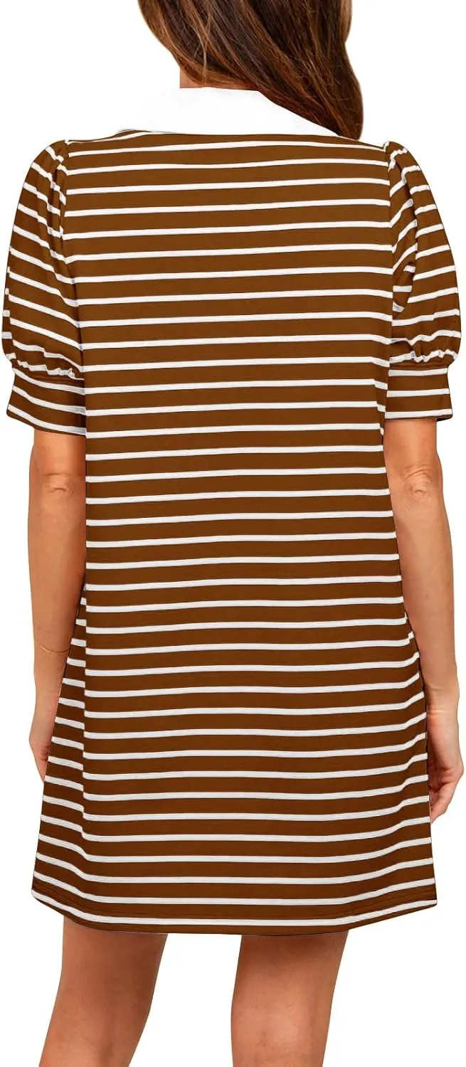 Yousify Women's Summer Lapel Collared V Neck Striped Dress Casual Puff Short Sleeve Polo Tshirt Dresses with Pockets