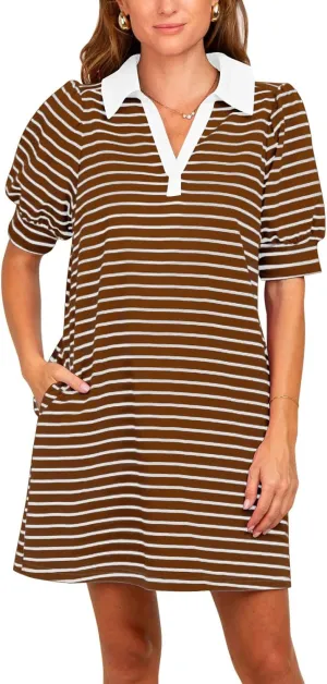 Yousify Women's Summer Lapel Collared V Neck Striped Dress Casual Puff Short Sleeve Polo Tshirt Dresses with Pockets