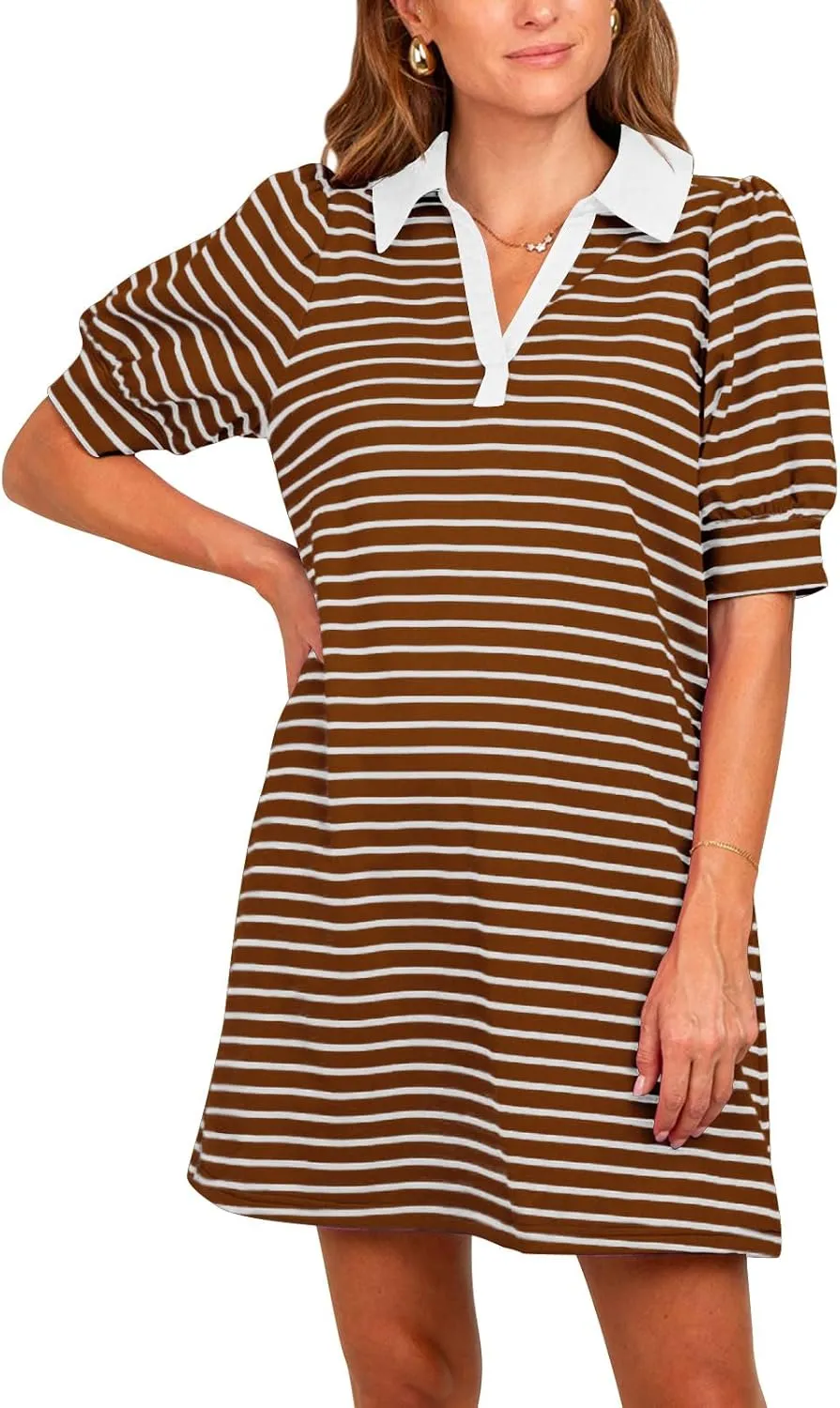Yousify Women's Summer Lapel Collared V Neck Striped Dress Casual Puff Short Sleeve Polo Tshirt Dresses with Pockets