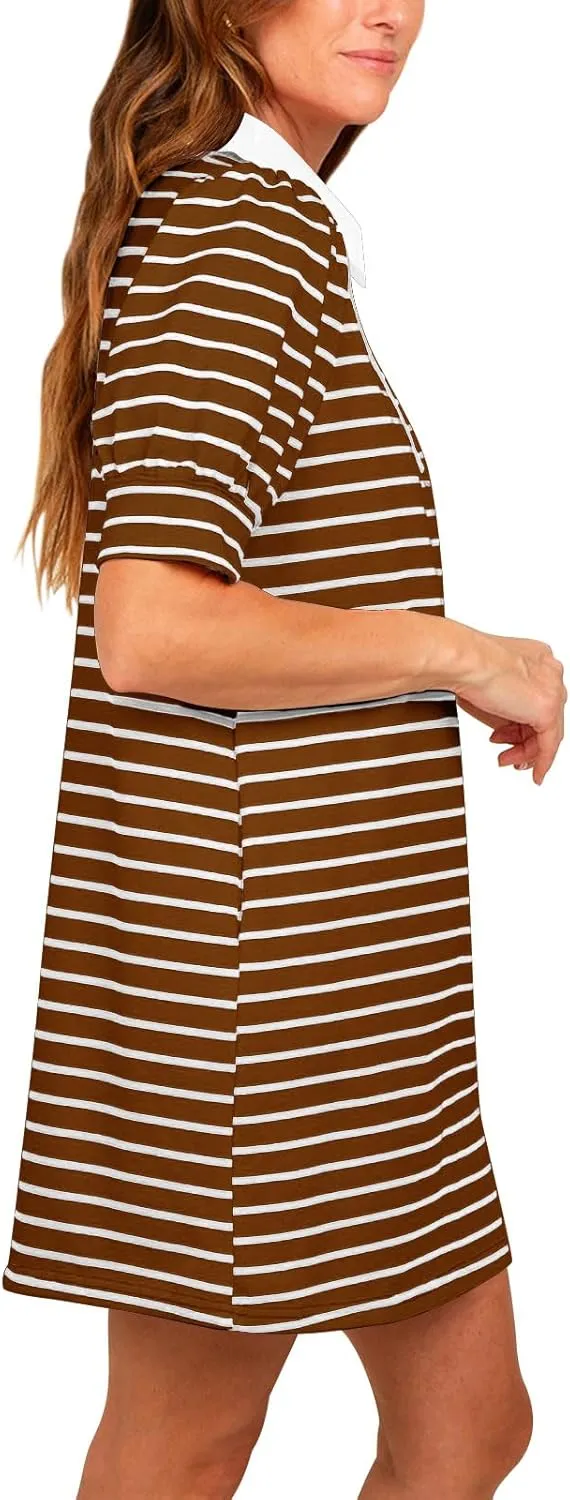 Yousify Women's Summer Lapel Collared V Neck Striped Dress Casual Puff Short Sleeve Polo Tshirt Dresses with Pockets