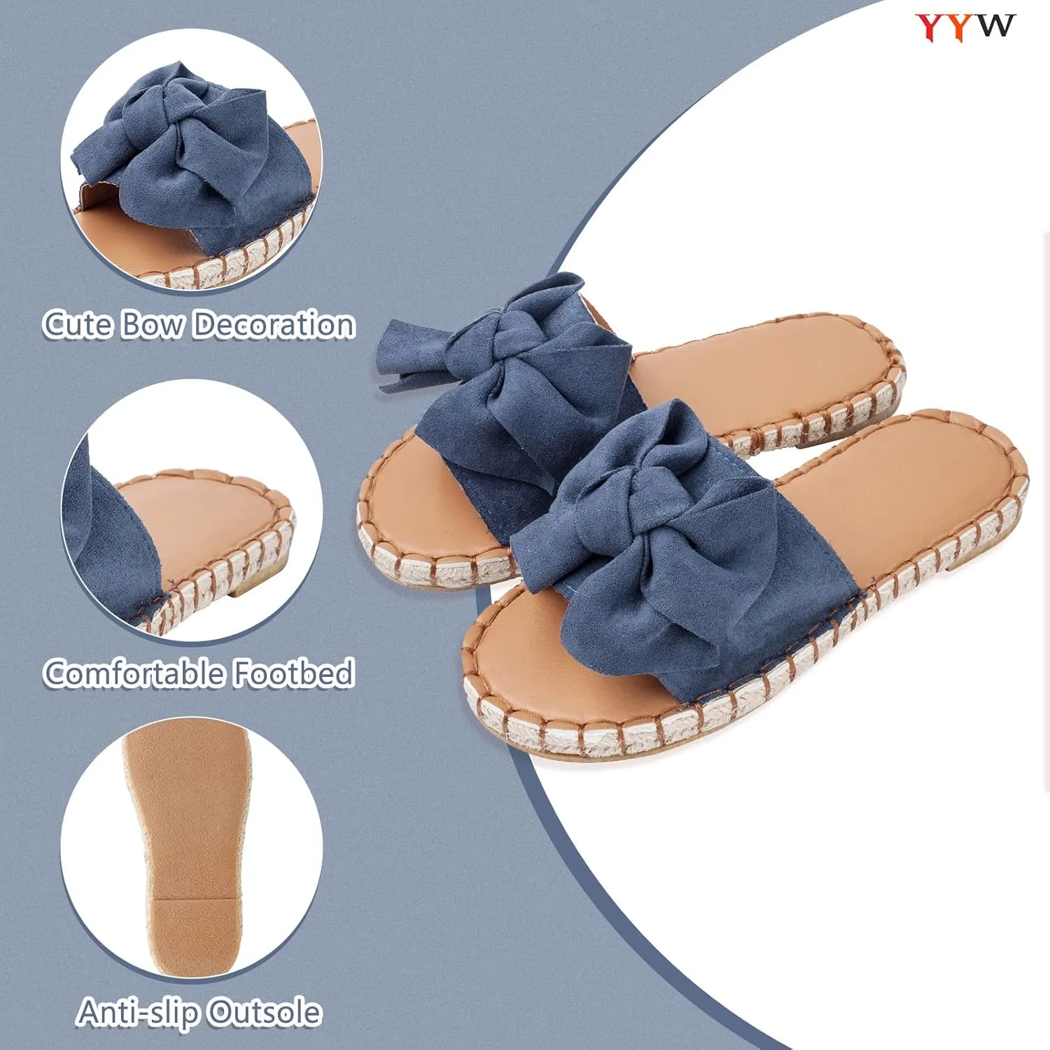 YYW Slides for Women Flat Slide Sandals Slip On Open Toe Sandals Casual Style with Bowknot Ornament for Summer Outdoor Indoor