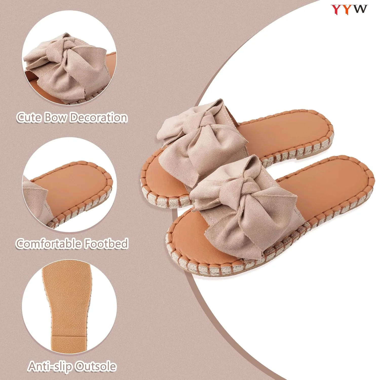 YYW Slides for Women Flat Slide Sandals Slip On Open Toe Sandals Casual Style with Bowknot Ornament for Summer Outdoor Indoor
