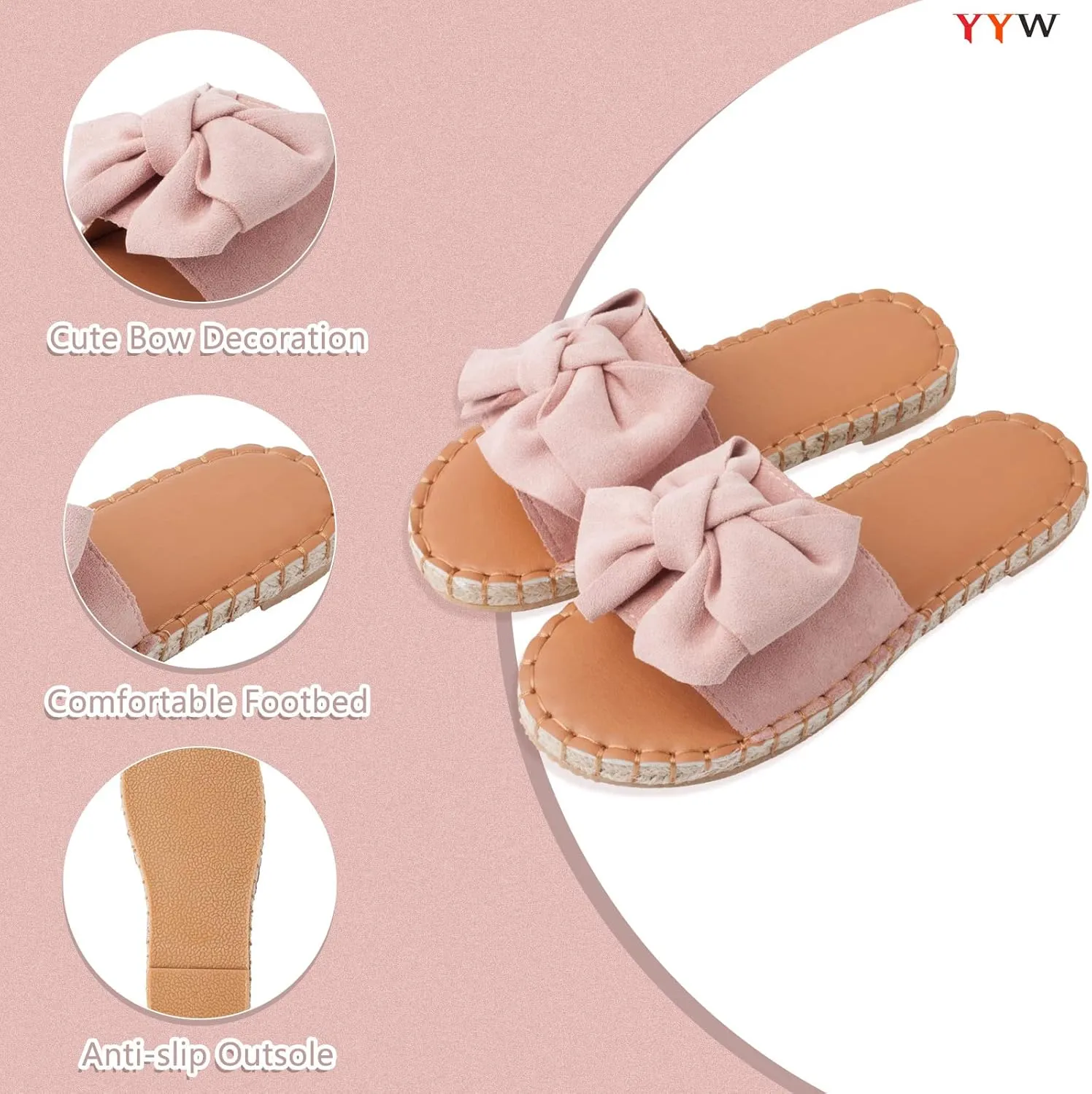 YYW Slides for Women Flat Slide Sandals Slip On Open Toe Sandals Casual Style with Bowknot Ornament for Summer Outdoor Indoor