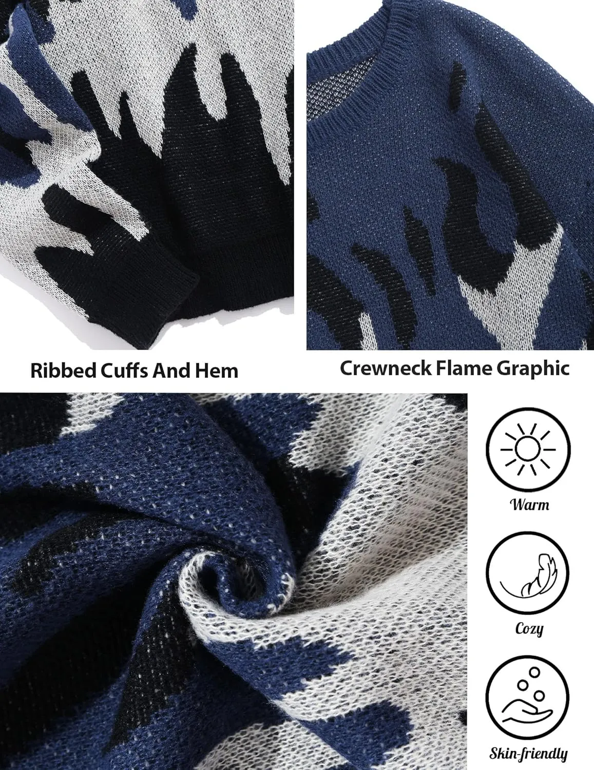 ZAFUL Mens Crewneck Oversized Sweaters Y2K Aesthetic Flame Graphic Knitted Sweater Casual Pullover Long Sleeve Jumpers
