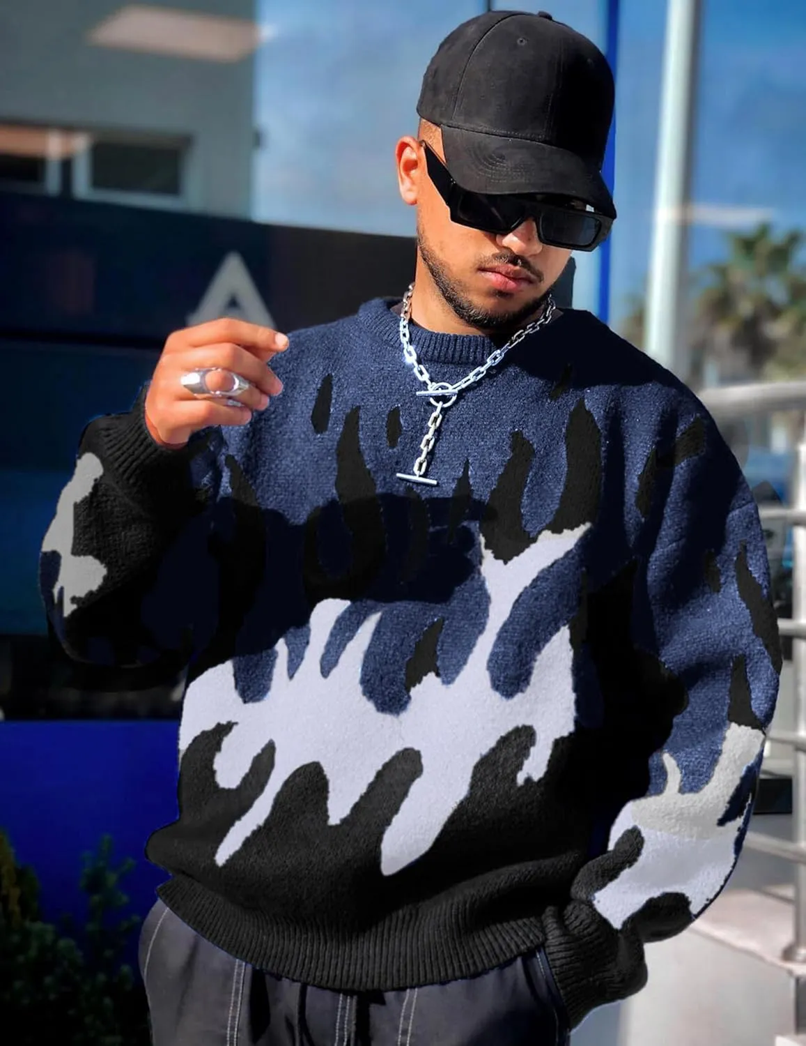 ZAFUL Mens Crewneck Oversized Sweaters Y2K Aesthetic Flame Graphic Knitted Sweater Casual Pullover Long Sleeve Jumpers