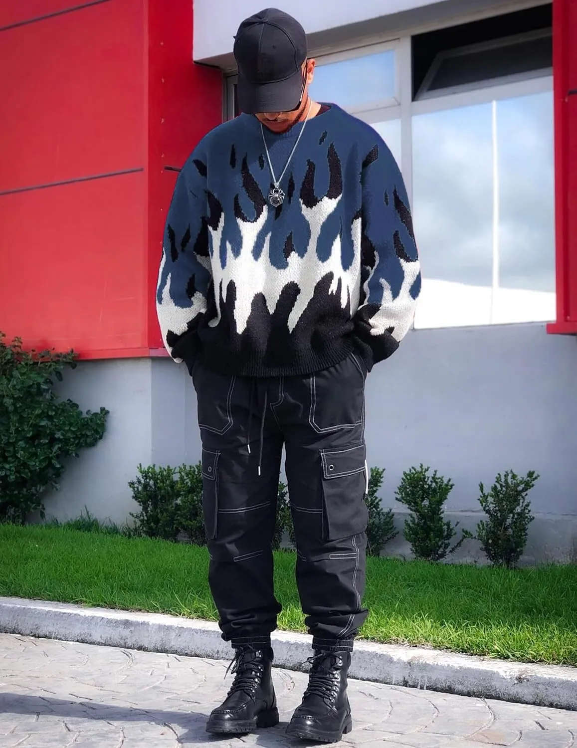 ZAFUL Mens Crewneck Oversized Sweaters Y2K Aesthetic Flame Graphic Knitted Sweater Casual Pullover Long Sleeve Jumpers