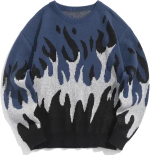 ZAFUL Mens Crewneck Oversized Sweaters Y2K Aesthetic Flame Graphic Knitted Sweater Casual Pullover Long Sleeve Jumpers
