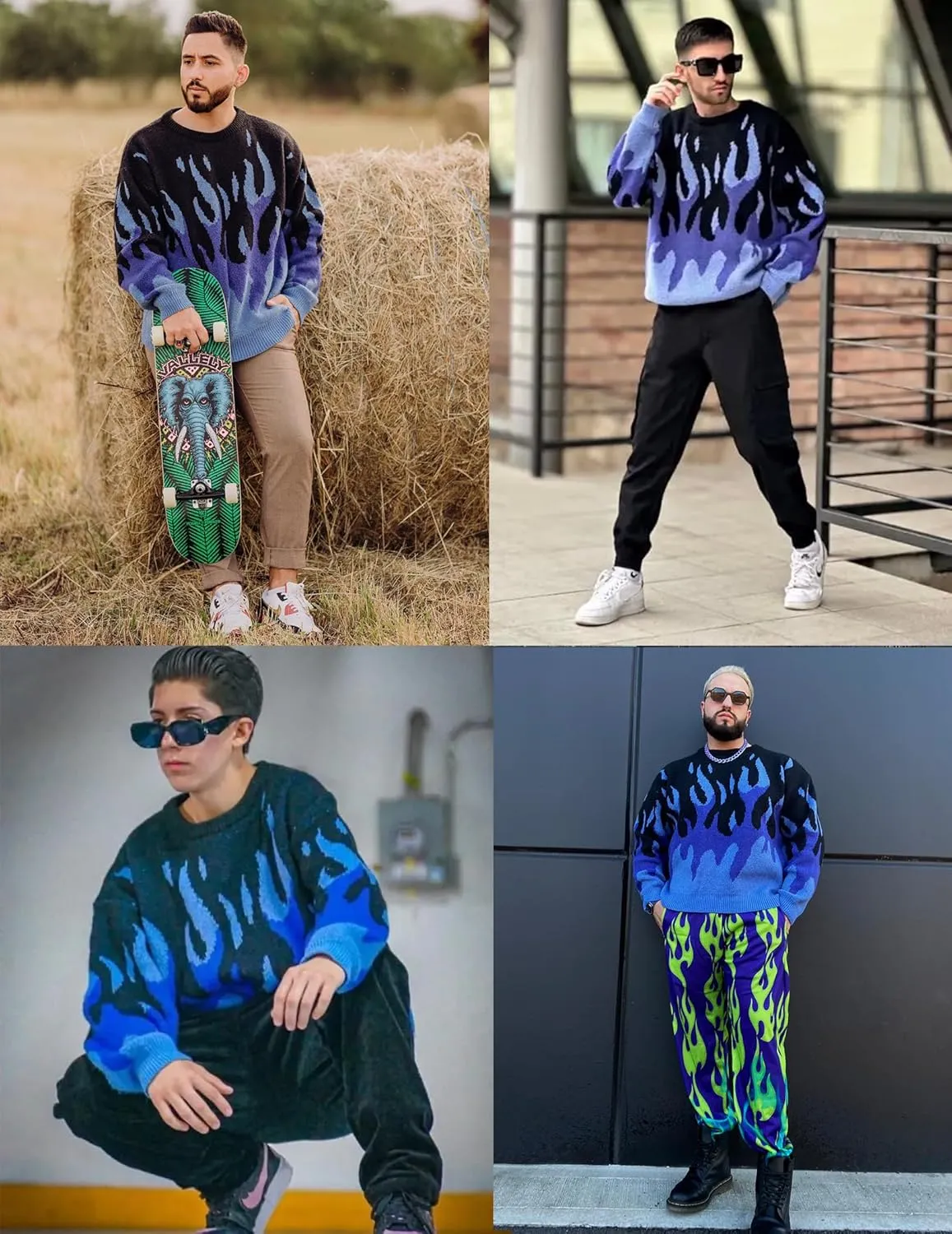 ZAFUL Mens Crewneck Oversized Sweaters Y2K Aesthetic Flame Graphic Knitted Sweater Casual Pullover Long Sleeve Jumpers