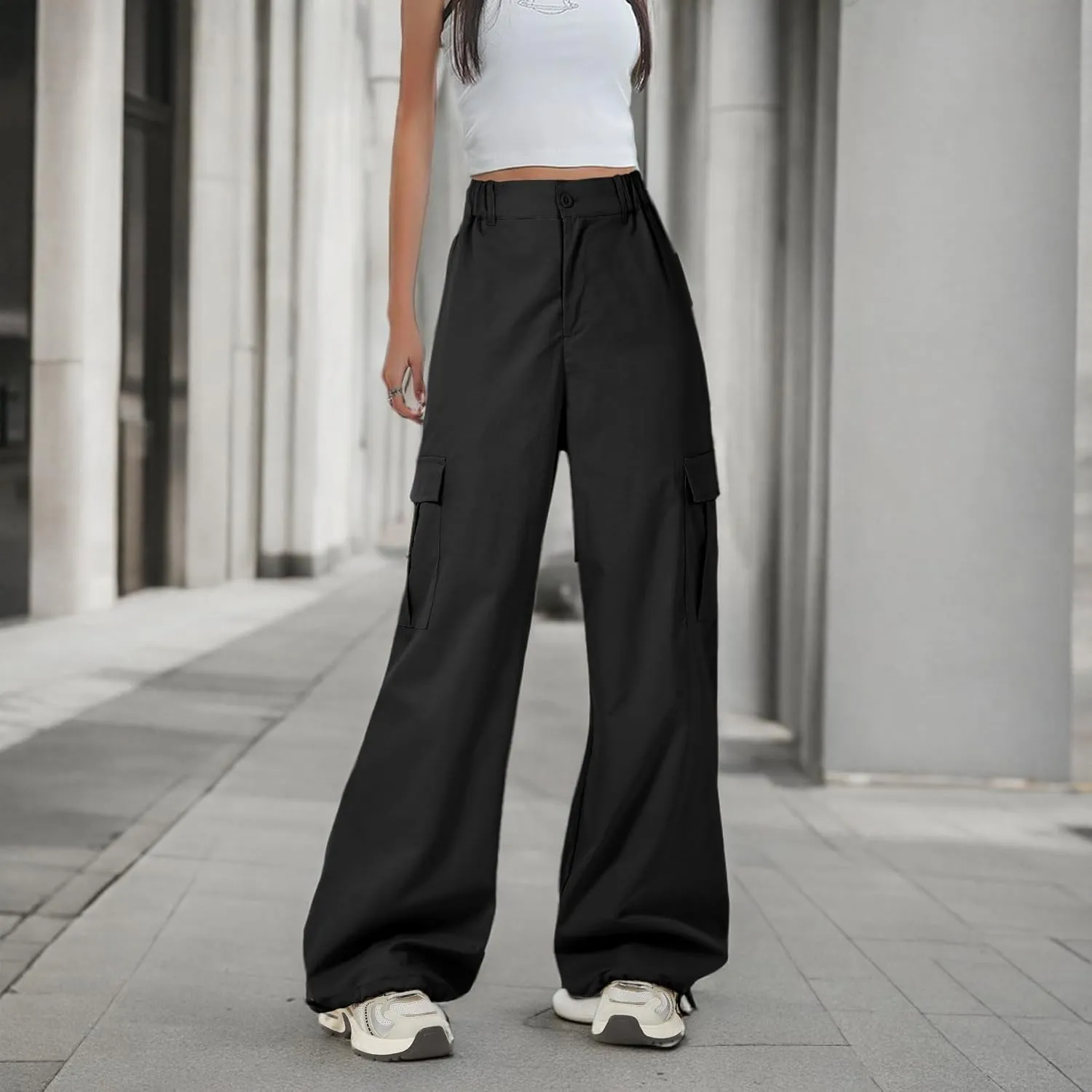 Zando Cargo Pants Women Y2K Baggy Cargo Pants Parachute Pants Trendy Stretchy High Waist Wide Leg Trousers with Pockets